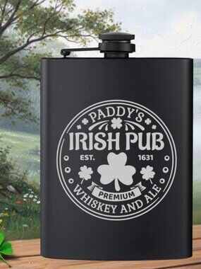 Personalized Paddys Irish Clover Pub Ale Black Flask | Irish | Irish Gifts
